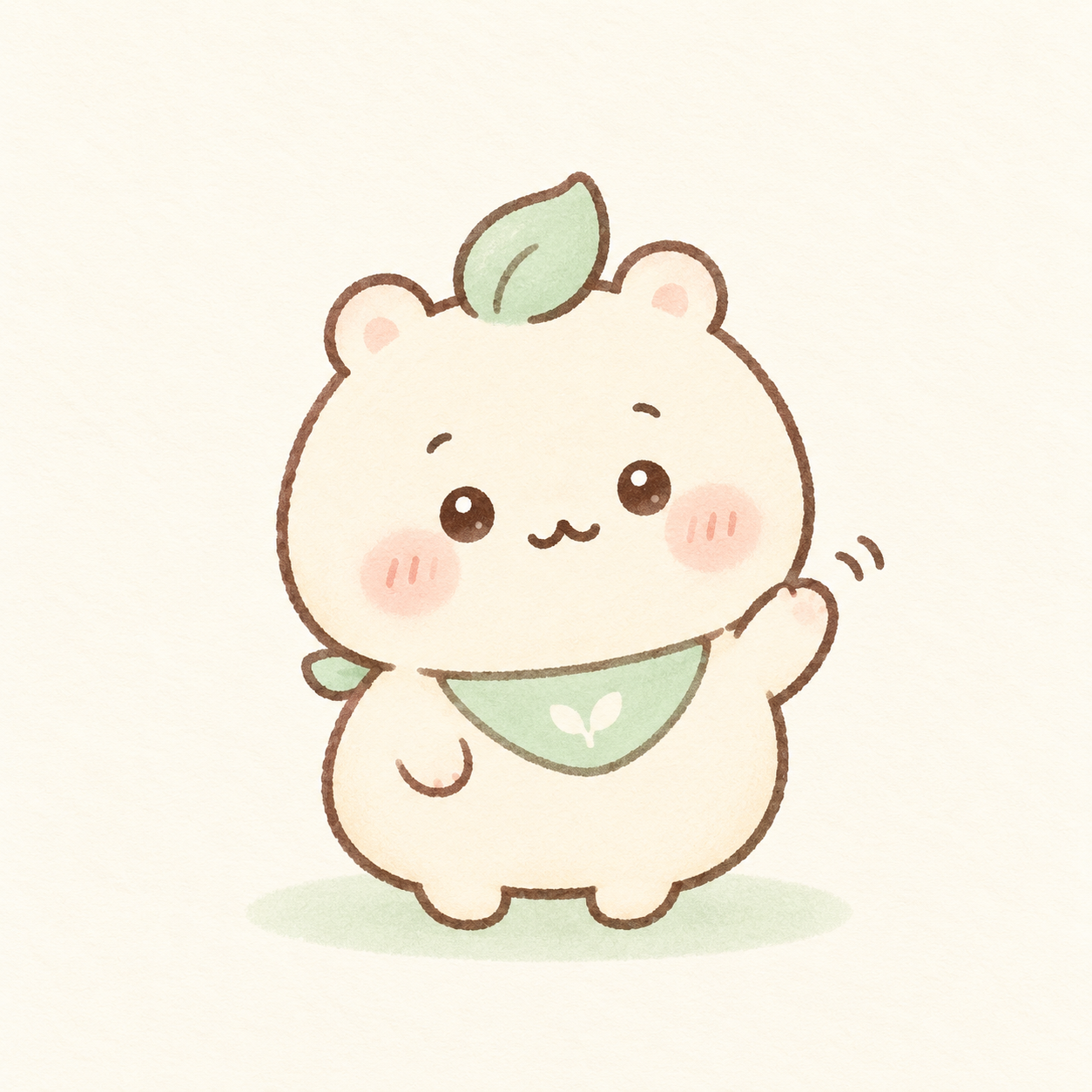 葉っぱの髪飾りと緑のスカーフをつけて手を振る、丸くて小さなクリーム色のオリジナルキャラクター